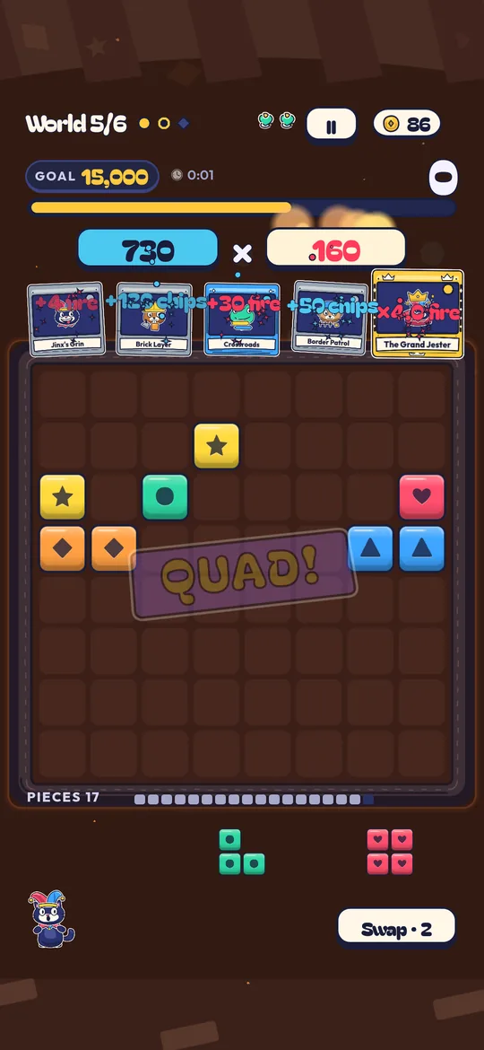 A round on the board, a four-line clear with jokers above it
