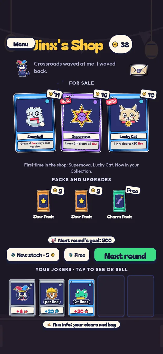 Jinx's shop with jokers and packs for sale